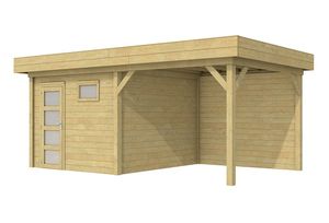 Blokhut Tapuit 300x300 cm + luifel 300 cm - Geïmpregneerd- Plat dak- Geïmpregneerd vurenhout- Woodvision