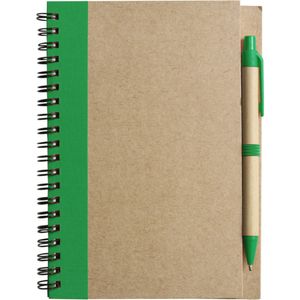 Notitie boekje/blok met balpen - harde kaft - beige/groen - 18 x 13 cm - 60 bladzijden gelinieerd