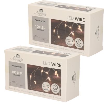 Set van 2x stuks draadverlichting lichtsnoer met 100 lampjes warm wit op batterij 500 cm
