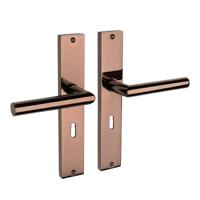 Mooi Deurbeslag Lusso geveerd op schild sleutelgat 55mm PVD glanzend brons