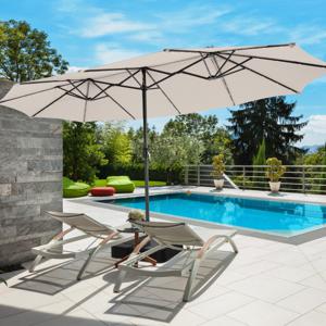 Dubbele Tuinparasol 470 x 280CM met 48 LED's op Zonne-Energie Extra Grote Parasol Dubbele Parasol met Zelfopladend Zonnepaneel Beige