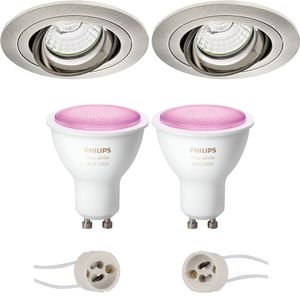 Pragmi Alpin Pro - Inbouw Rond - Mat Nikkel - Kantelbaar - Ø92mm - Philips Hue - LED Spot Set GU10 - White and Color Ambiance - Bluetooth