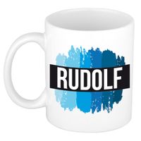 Naam cadeau mok / beker Rudolf met blauwe verfstrepen 300 ml - thumbnail