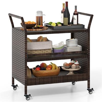 Buiten-barwagen 3-laags Patio Rattan Rek met Vergrendelbare Universele Wielen & Zijgrepen 86 x 50 x 89 cm
