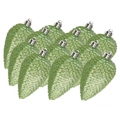 Kersthangers dennenappels - 12x st - groen - glitter - 8 cm - kunststof - kerstversiering