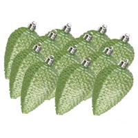 Kersthangers dennenappels - 12x st - groen - glitter - 8 cm - kunststof - kerstversiering