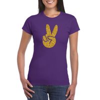 Paars Flower Power t-shirt gouden glitter peace hand dames