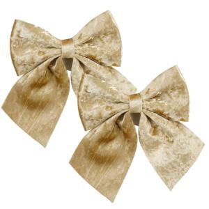 Kerst strik ornamenten - 2x - champagne - 20 x 24 cm - polyester fluweel - kerststrik - kerstversier