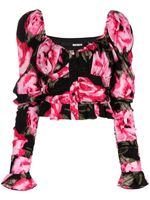 ROTATE BIRGER CHRISTENSEN floral-jacquard gathered cropped blouse - Noir - thumbnail