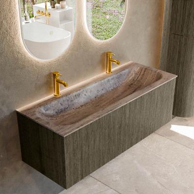 Badmeubel Mondiaz Kurve-Dlux | 120 cm | Meubelkleur Shadow | Wastafelkleur Oza | Solid surface | Wasbak midden spoelbak | 2 kraangaten