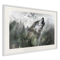 Ingelijste Poster - Huilende Wolf in de bergen, Witte lijst met passe-partout