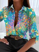 Shawl Collar Loose Casual Floral Blouse - thumbnail