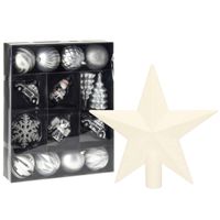 Kerstballen en ornamenten incl. ster piek zilver/wit kunststof