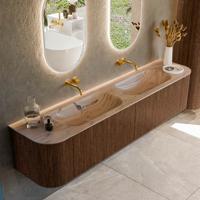 Badmeubel Mondiaz Kurve-Dlux | 200 cm | Meubelkleur Walnut | Wastafelkleur Arena | Solid surface | Wasbak beide zijden spoelbak | Zonder kraangat(en)