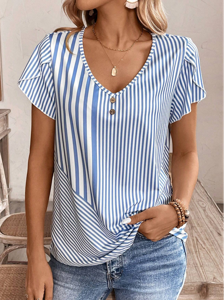 Women's Short Sleeve Blouse Summer Light Blue Striped Buckle V Neck Petal Sleeve Daily Going Out Casual Top