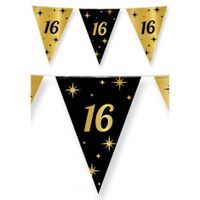 Leeftijd verjaardag feest vlaggetjes 16 jaar geworden zwart/goud 10 meter   - - thumbnail