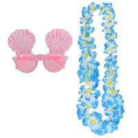 Tropische Hawaii party verkleed accessoires set - schelpen zonnebril - en bloemenkrans blauw - thumbnail