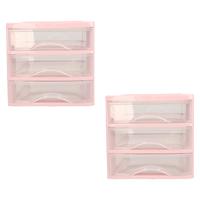 Plasticforte ladeblokje - organizer - 2x - 3 lades - transparant/roze - L18 x B21 x H17 cm
