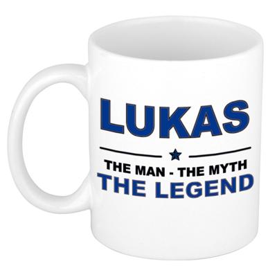 Lukas cadeau mok - man myth legend - naam koffiemok / beker - wit en blauw - 300 ml