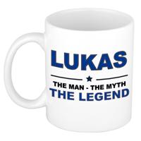 Lukas cadeau mok - man myth legend - naam koffiemok / beker - wit en blauw - 300 ml