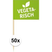 50x Vlaggetjes prikkers Vegetarisch 8 cm hout/papier   -