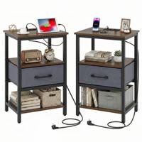 Nachtkastje met Oplaadstation Bijzettafel met Stoffen Lade en Open Opbergvakken Bijzettafel met Metalen Frame Moderne Bijzettafel set van 2-Bruin