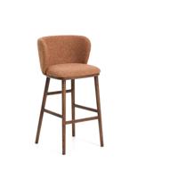 Kave Home Ciselia barkruk H75 dik chenille Terra poot donker hout