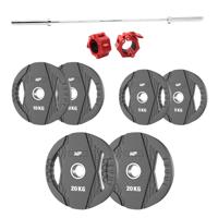 Muscle Power Olympische rubber halterschijf set 90KG + halterstang + collar set Muscle Power Olympische rubber halterschijf set 90KG + halterstang + collar set