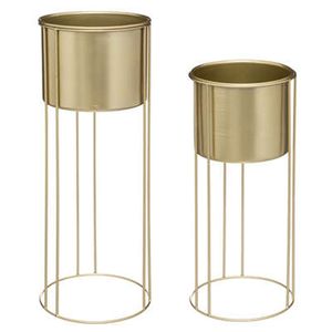 Plantenpotten 2x op metalen standaard goud - D18 x H41/D21 en H58 cm