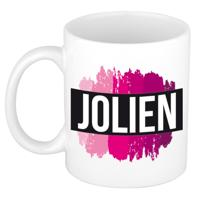 Jolien naam cadeau koffie mok - beker - met roze verfstrepen - Cadeau collega - moederdag