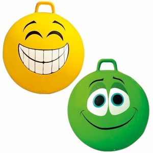 2x stuks speelgoed Skippyballen met funny faces gezicht geel en groen 65 cm