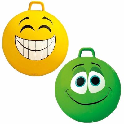 2x stuks speelgoed Skippyballen met funny faces gezicht geel en groen 65 cm