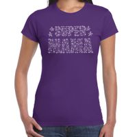 Glitter Super Mama t-shirt paars Moederdag cadeau rhinestones steentjes voor dames - thumbnail