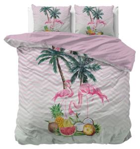 Sleeptime Tropisch Dekbedovertrek met Flamingo's, Palmbomen en Fruit - Roze - 100% Microvezel-Lits-jumeaux (240 x 200/220 cm)