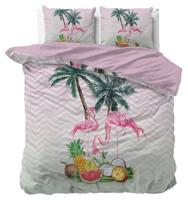 Sleeptime Tropisch Dekbedovertrek met Flamingo's, Palmbomen en Fruit - Roze - 100% Microvezel-1-persoons (140 x 200/220 cm)