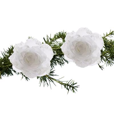 Kerst bloem - 2x - op clip - wit - glitter - D14 cm - kunststof - kerstversiering - kerstbloem