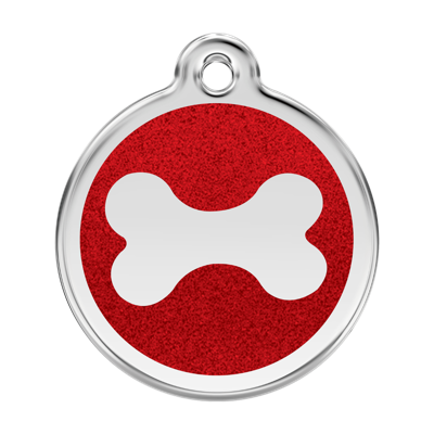 Bone Red glitter hondenpenning large/groot dia. 3,8 cm - Reddingo