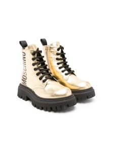 Moschino Kids bottes en cuir à logo imprimé - Or