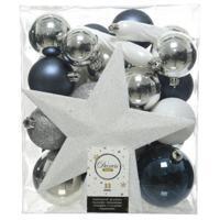 Decoris kerstballen - 34-dlg - blauw/wit/zilver - kunststof