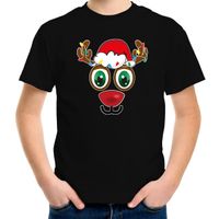 Bellatio Decorations kerst t-shirt voor kinderen - Rudolf gezicht - rendier - zwart XL (164-176)  - - thumbnail