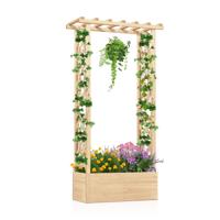 Verhoogde Tuin met Latwerk Houten Plantenbak met Hangend Dak Afwateringsgaten voor Klimplanten Bloemen Groenten-Naturel