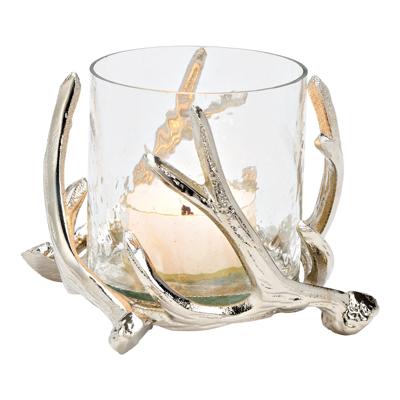 Windlicht gewei van metaal en glas, zilver (B/H/D) 15x10x15cm