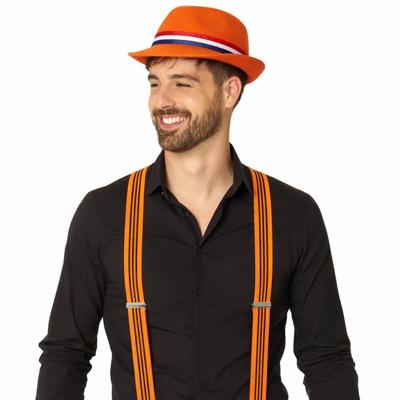Verkleed oranje Trilby hoed - volwassenen - Koningsdag/Nederland - bretels oranje/zwart - supporters