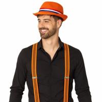 Verkleed oranje Trilby hoed - volwassenen - Koningsdag/Nederland - bretels oranje/zwart - supporters