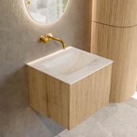 Mondiaz KURVE-DLUX 50 cm Onderkast Greeploos 1 Lade Zonder Deuren Oak, Wastafel Solid Surface Midden Ostra 0 Kraangaten Zonder Spiegel (KRVGRU501L0D0KM-Oak/Ost)
