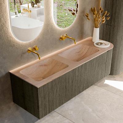 Badmeubel Mondiaz Kurve-Dlux | 145 cm | Meubelkleur Shadow | Wastafelkleur Saba | Solid surface | Dubbel / Links spoelbak | Zonder kraangat(en)