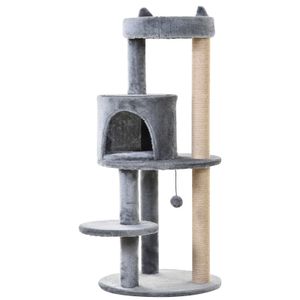 PawHut krabpaal kattengrot kattenhuis 4 verdiepingen met speelballen zitstok, sisalzuil en krabplank, groot, stevig, luxe, sisal pluche grijs