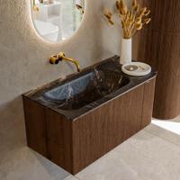 Badmeubel Mondiaz Kurve-Dlux | 95 cm | Meubelkleur Walnut | Wastafelkleur Lava | Solid surface | Links spoelbak | Zonder kraangat(en) Badmeubel Mondiaz Kurve-Dlux | 95 cm | Meubelkleur Walnut | Wastafelkleur Lava | Solid surface | Links spoelbak | Zonder kraangat(en)