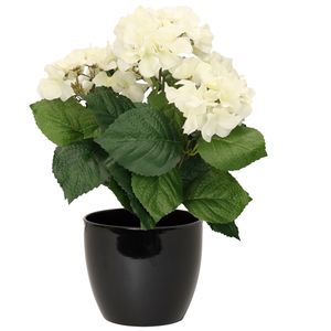 Hortensia kunstplant met bloemen wit - in pot zwart - 40 cm hoog