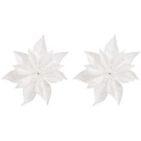 2x Kerstboomversiering bloem op clip witte kerstster 18 cm - thumbnail